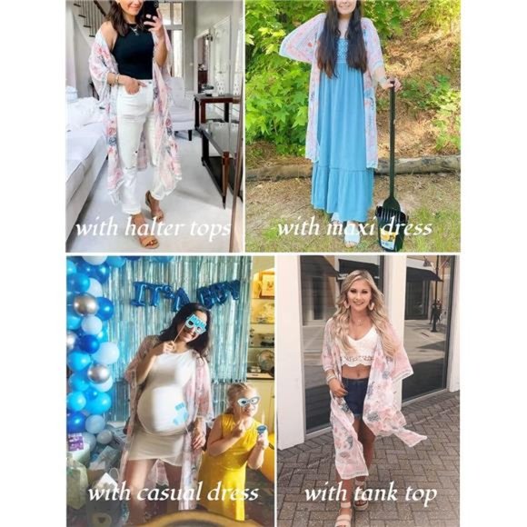 Women's Summer Long Flowy Kimono Cardigans Boho Chiffon Beach Cover Up Tops - Picture 5 of 6